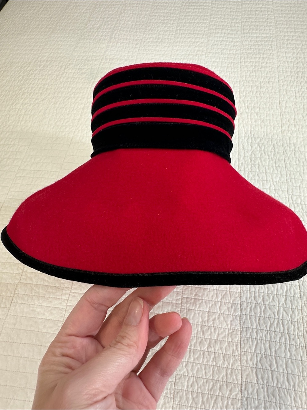 Vintage Deborah Women's Red Felt Cloche Hat with Black Flower Accent